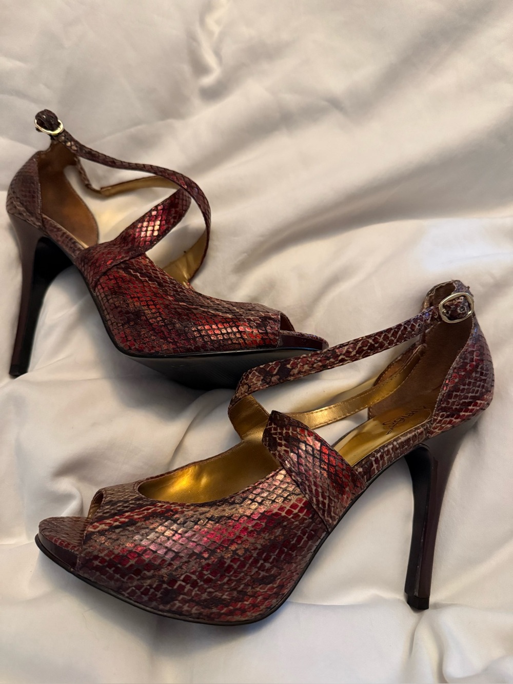 Carlos by Santana Women's Red Snakeskin Peep-Toe High Heels